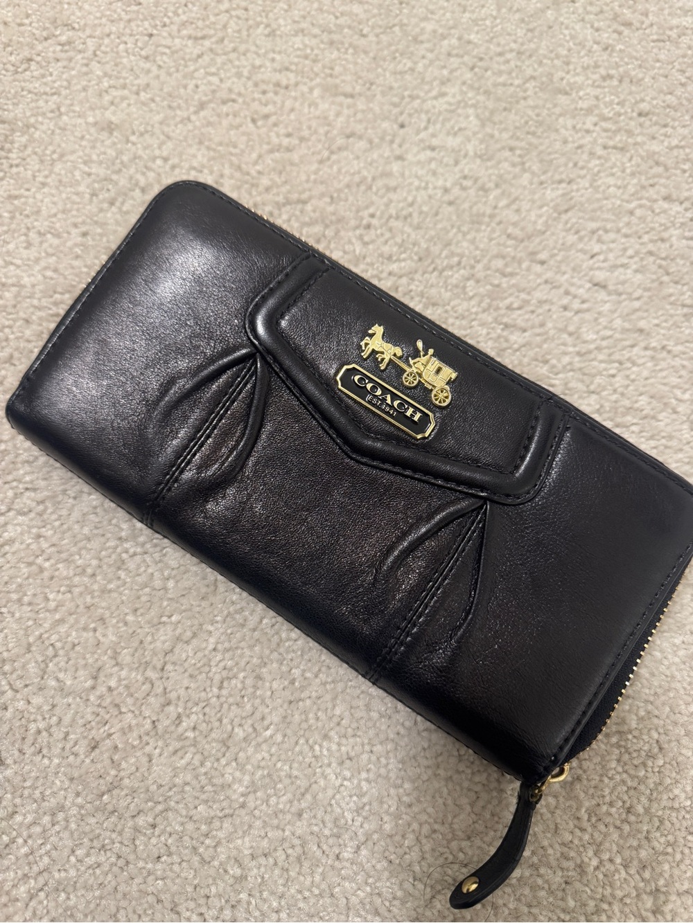 Coach Black Leather Zip Wallet with Gold Logo Accent